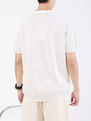Men's white ribbed knit t-shirt with short sleeves and crew neck.