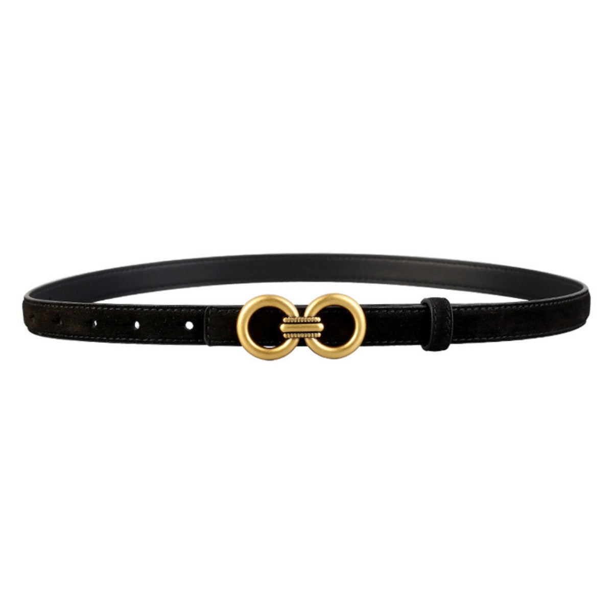Black cowhide leather belt with double circle gold buckle