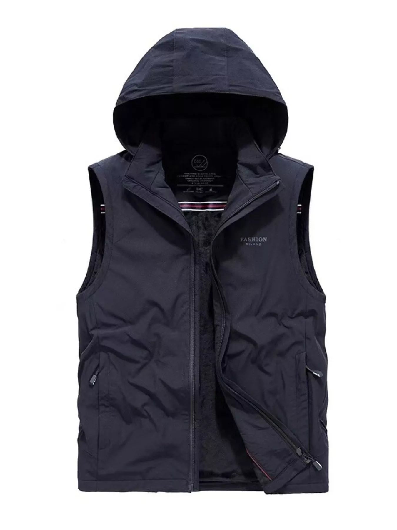 Navy hooded zip vest with fleece lining and "Fashion Milano" detail.