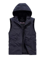 Navy hooded zip vest with fleece lining and "Fashion Milano" detail.