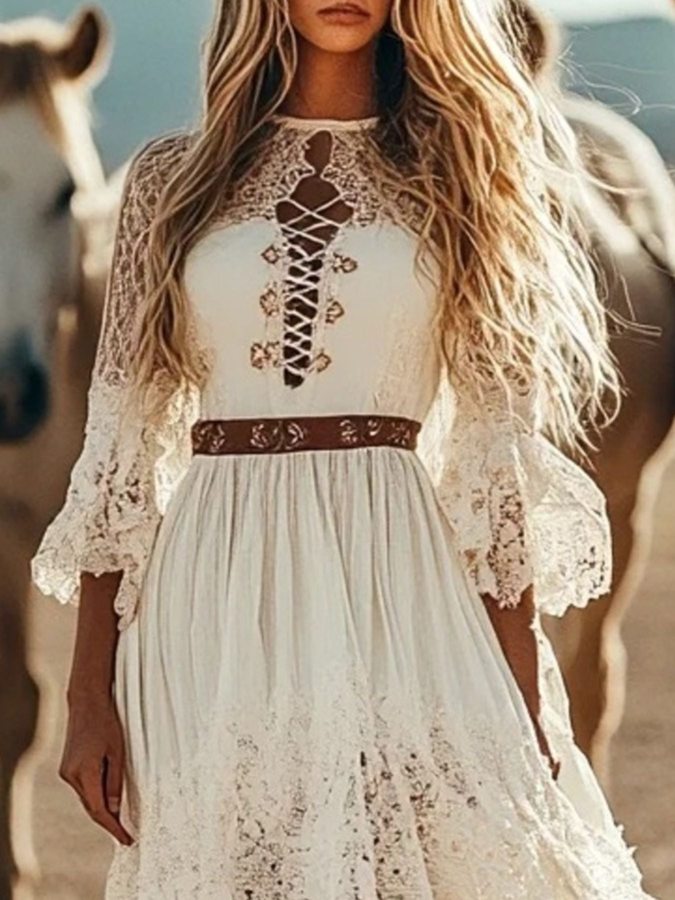 Lace trim high-low dress with cutout neckline and bell sleeves.