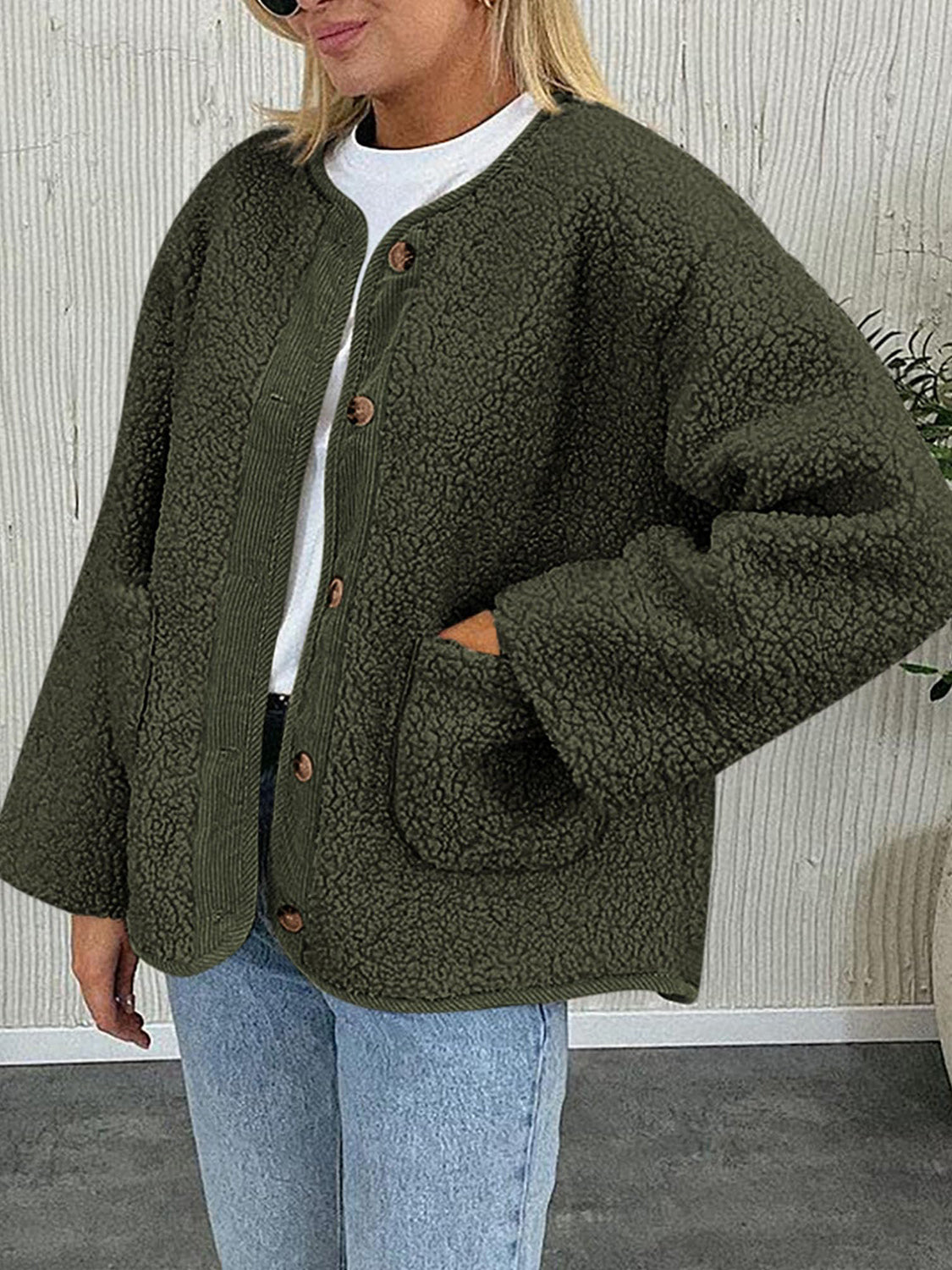 Teddy-texture button-up jacket in Black Forest with corduroy trim and patch pockets.