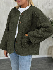 Teddy-texture button-up jacket in Black Forest with corduroy trim and patch pockets.