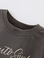 Toddler crew neck t-shirt in charcoal gray cotton with a playful script graphic.