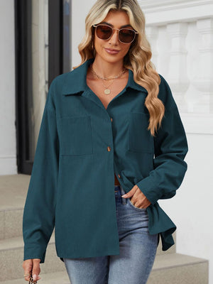 Corduroy overshirt in French Blue with two patch pockets, button front and collar.