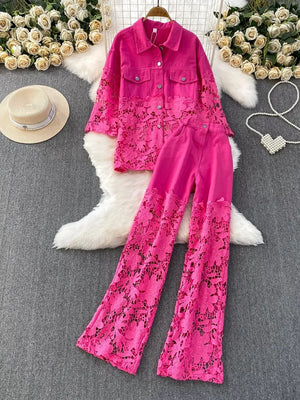 Rose red two-piece set with lace embellished jacket and wide leg pants