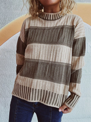 Textured stripe mock neck knit sweater in beige and olive with a waffle knit texture.