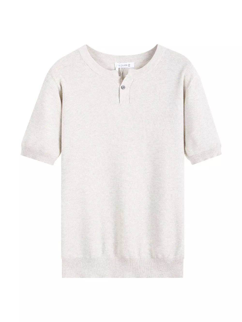 Men's short sleeve knit henley in Flower Gray with a two-button placket.