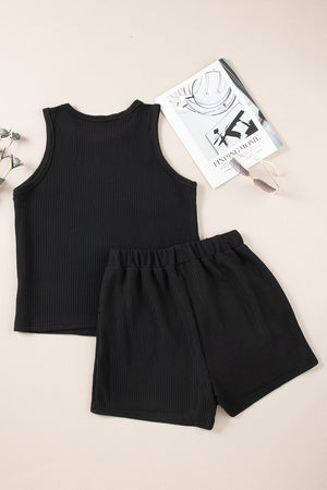 Black ribbed tank top and shorts set with elastic waistband