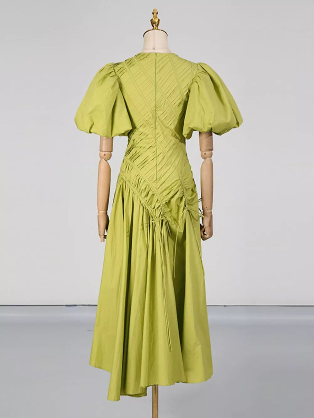 Puff Sleeve Ruched Midi Dress in Green, back view