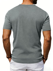 Gray cotton blend scoop neck tee with short sleeves.