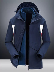 Navy blue hooded jacket with red and white stripe detail on chest and fleece lining