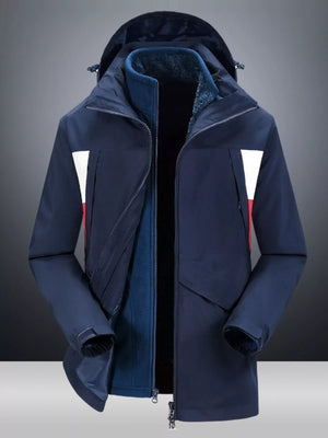 Navy blue hooded jacket with red and white stripe detail on chest and fleece lining