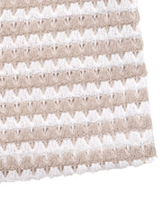 V-neck cap sleeve t-shirt in beige and white striped knit fabric with button detail