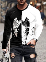 Men's Full Size Split-color Wing Graphic Long-sleeve T-shirt in Burgundy, back view