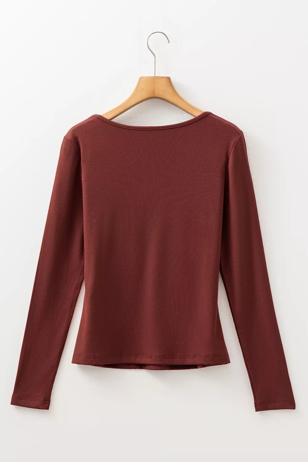 Gathered Bust Square Neck Ribbed Long Sleeve Top, fabric detail