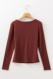 Gathered Bust Square Neck Ribbed Long Sleeve Top, fabric detail