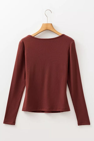 Gathered Bust Square Neck Ribbed Long Sleeve Top, fabric detail
