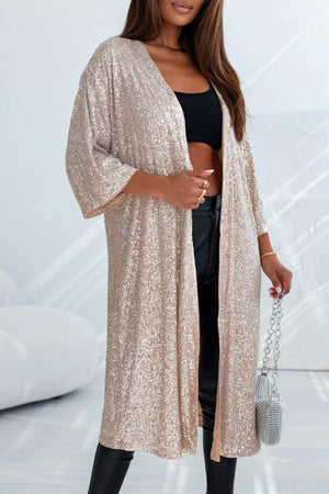 Champagne sequin kimono jacket with V-neck and wide sleeves, open front, full length.