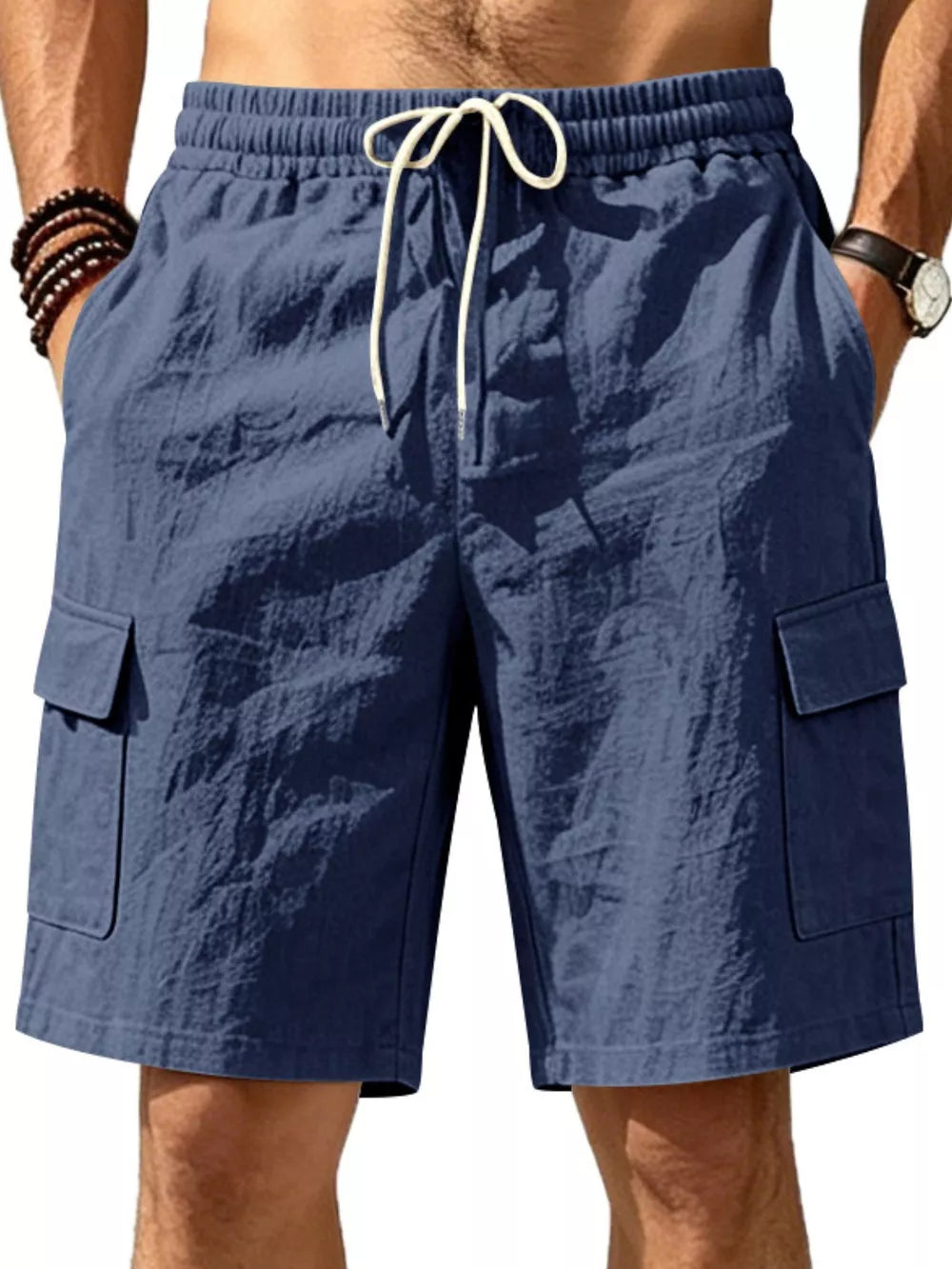 Navy blue cargo shorts with drawstring waist and crinkled texture.