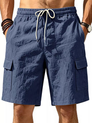 Navy blue cargo shorts with drawstring waist and crinkled texture.