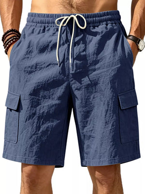 Navy blue cargo shorts with drawstring waist and crinkled texture.