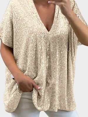 Brass sequin slouchy V-neck top with short sleeves and pockets