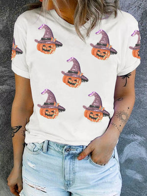 White cotton t-shirt with allover sparkling pumpkin witch graphic print