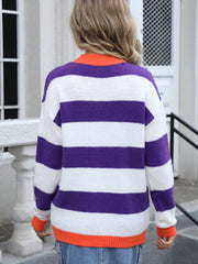 Acrylic knit sweater with purple and white stripes, orange collar and cuffs.