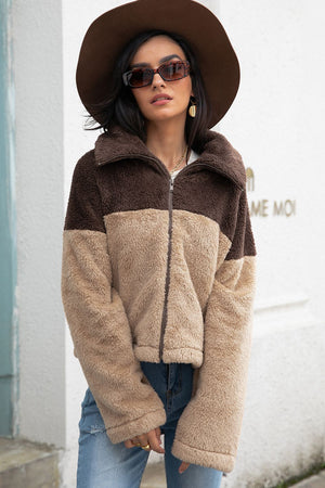 Colorblock teddy zip-up jacket in khaki and brown with a collared neckline.