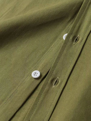 Olive green Oxford button-down shirt with white buttons and buttonholes.