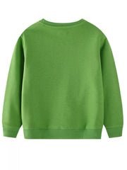 Green crewneck sweatshirt with dinosaur embroidery detail.