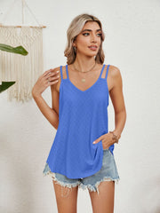 Blue eyelet overlay V-neck tank top with double straps.