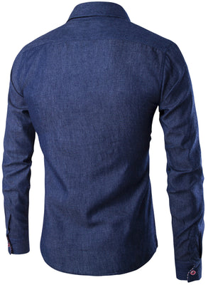 Dark blue casual slim fit denim shirt for men, 100% cotton, long sleeves.