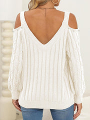 White cable knit cold shoulder sweater with button details and V-neck
