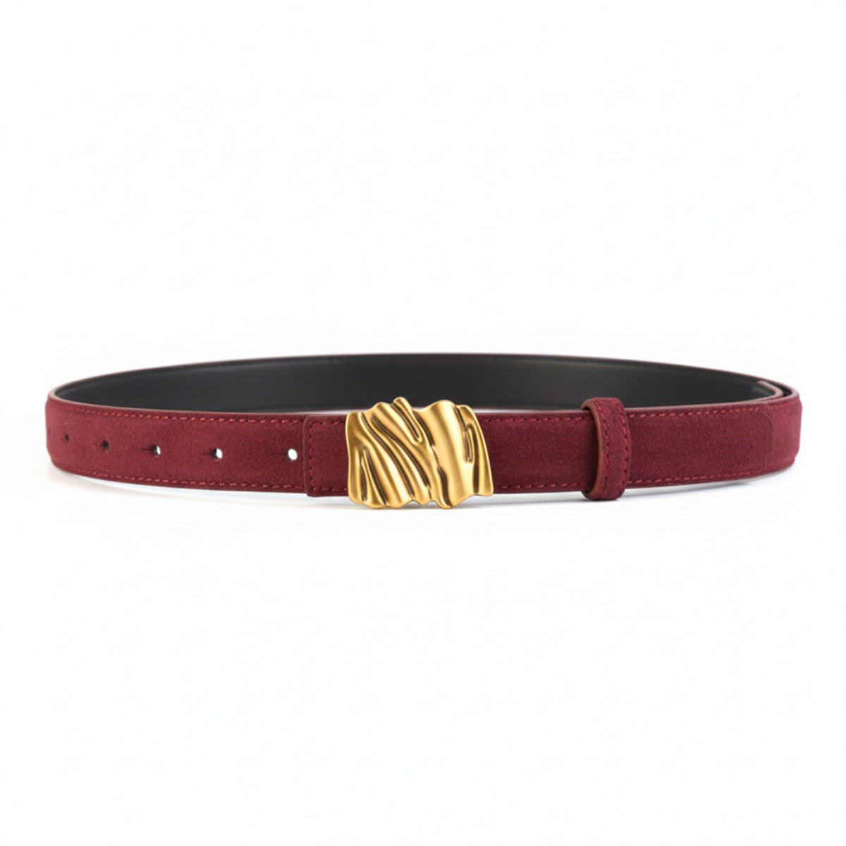 Red cowhide leather belt with abstract gold buckle