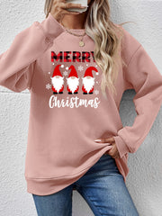 Blush Pink Christmas Gnome Graphic Sweatshirt with plaid Merry text and snowflakes