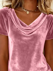 Dusty pink velvet t-shirt with a draped cowl neck and short sleeves.