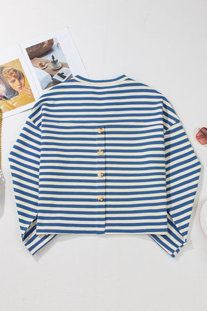 Peacock blue striped henley top with button back detail and chest pocket.