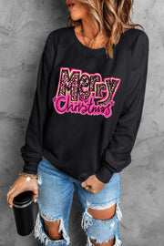 Black sweatshirt with leopard print Merry Christmas graphic and pink outline