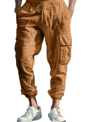 Khaki cargo pants with drawstring waist and elastic cuffs.
