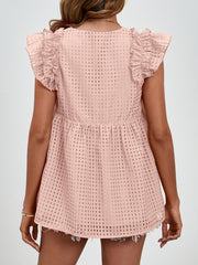 Apricot textured ruffle sleeve trapeze blouse with a square grid pattern.