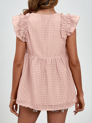 Apricot textured ruffle sleeve trapeze blouse with a square grid pattern.