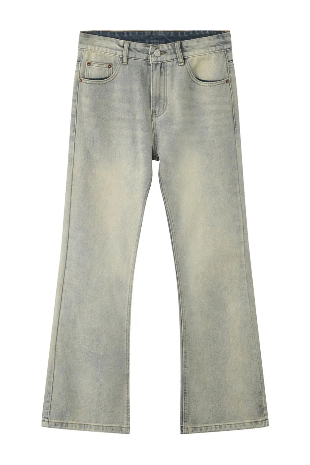 Light blue vintage wash flare denim trousers with a faded look.