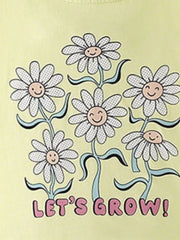 Kids yellow cotton t-shirt with cheerful daisy graphic and "Let's Grow!" text