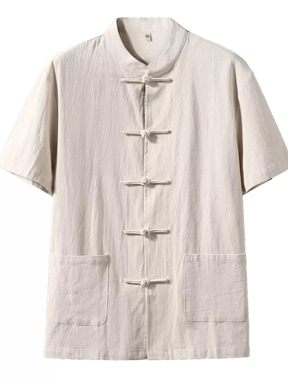 Khaki cotton short-sleeve shirt with mandarin collar and frog button closure, two front pockets.