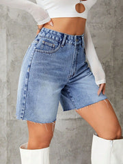 Light blue denim bermuda shorts with frayed hem and high waist
