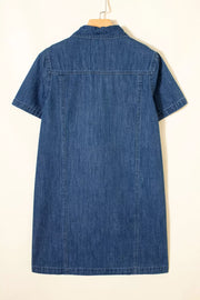 Dark blue denim mini dress with short sleeves and collar, back view.