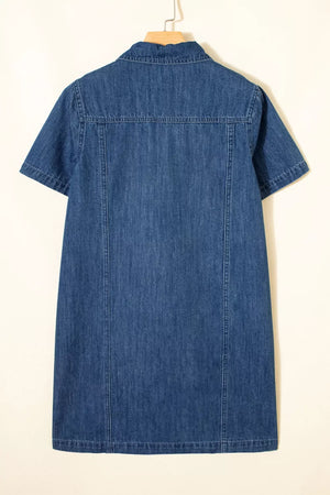 Dark blue denim mini dress with short sleeves and collar, back view.