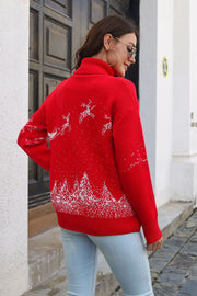 Red turtleneck sweater with white reindeer and forest pattern, acrylic knit.